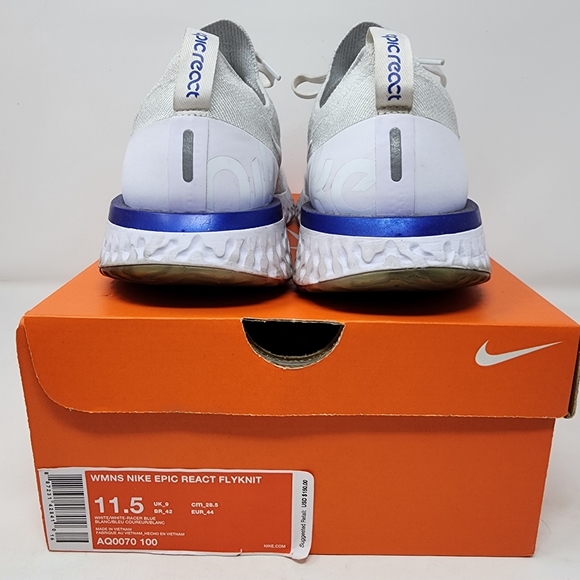 Nike Epic React Flyknit White Racer Blue 2018 AQ0070 100 Women's 11.5 Men's 10 - Picture 6 of 11
